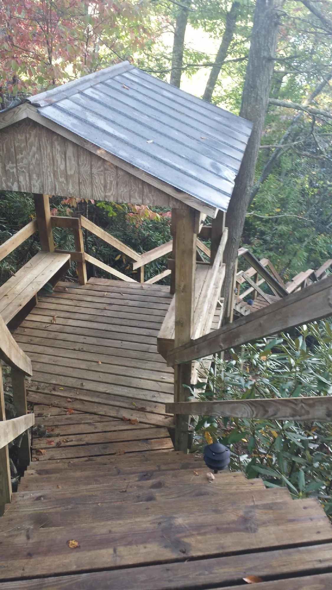 Metal roofed shelter over wooden steps on a wooded walkway — Skylight Repair & Installation work by our crew in Churubusco